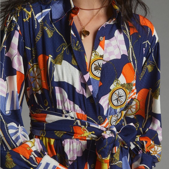 Anthropologie Maeve Mini Shirtdress Nautical Navy Long Sleeve XS Dress Boho - Picture 2 of 7